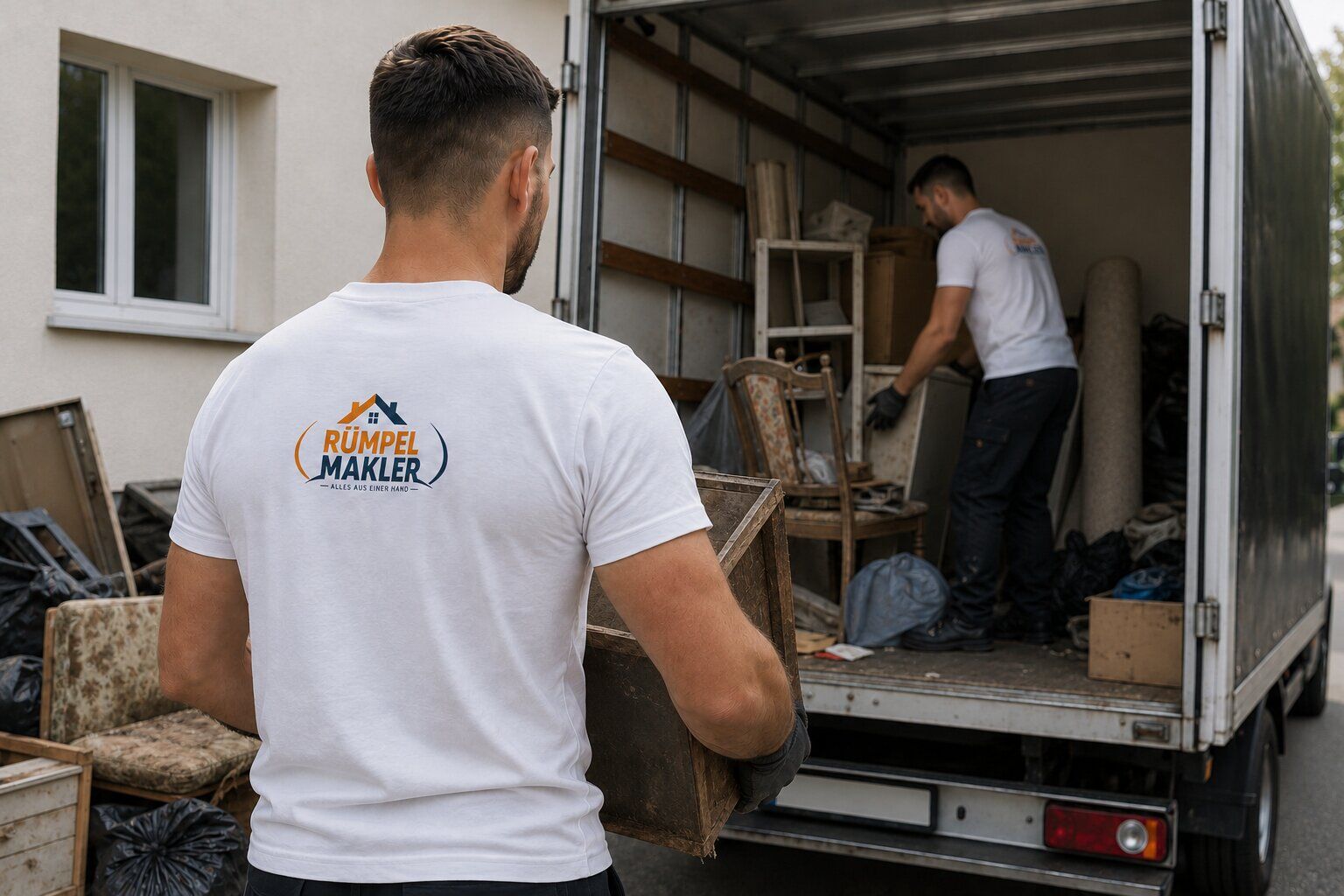 Rümpel Makler Team entrümpelt eine Immobilie und verlädt alten Hausrat